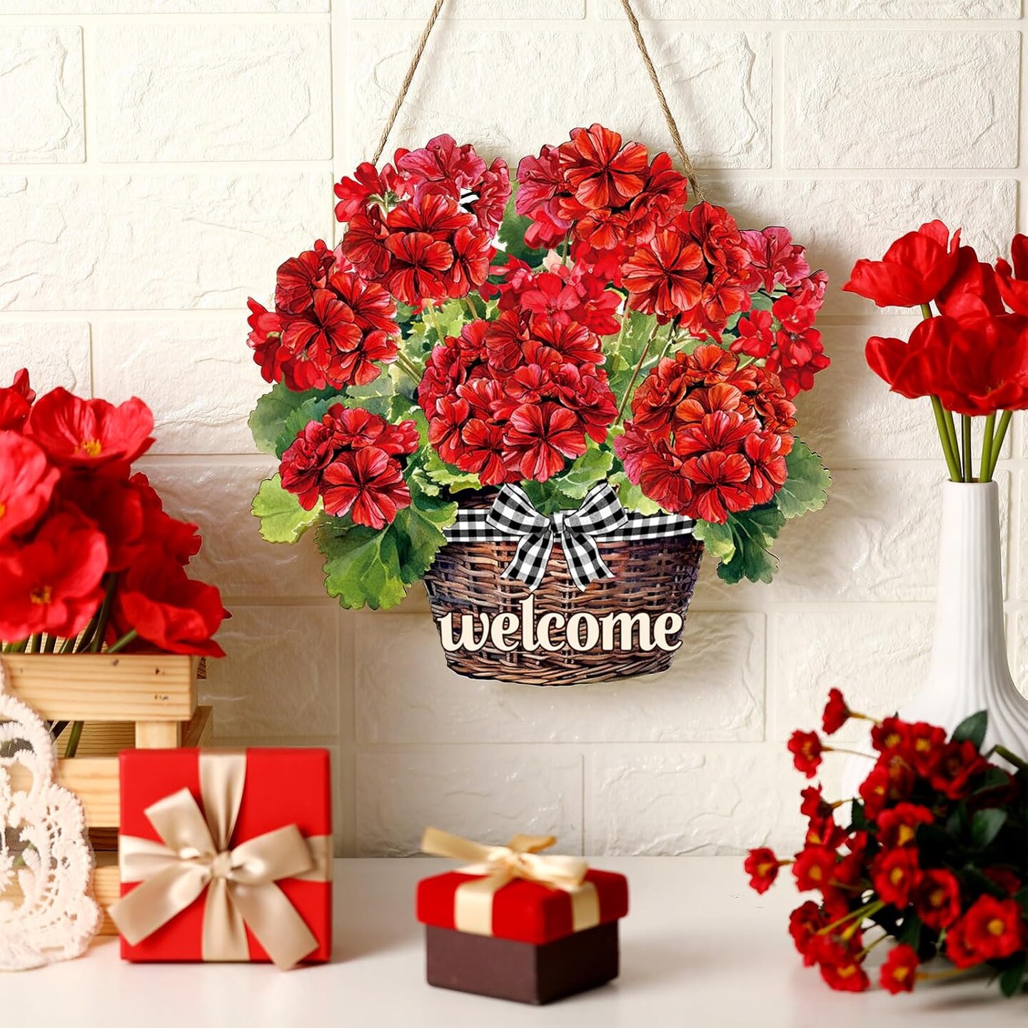 Hello Summer Door Sign Rustic Wood Summer Door Wall Decor Slippers Flower Hanging Decorations Wooden Hello Wood Hanger for Home Front Porch Indoor Outdoor