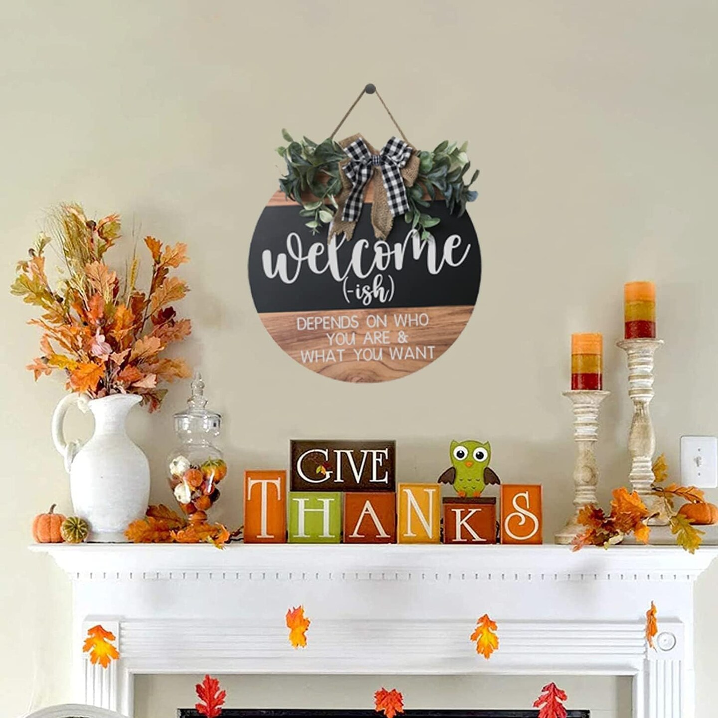 Welcome Sign Front for Door Decoration, 12 in Round Wood Wreaths Wall Hanging Outdoor, Farmhouse, Porch, for Summer Fall All Seasons Holiday Christmas