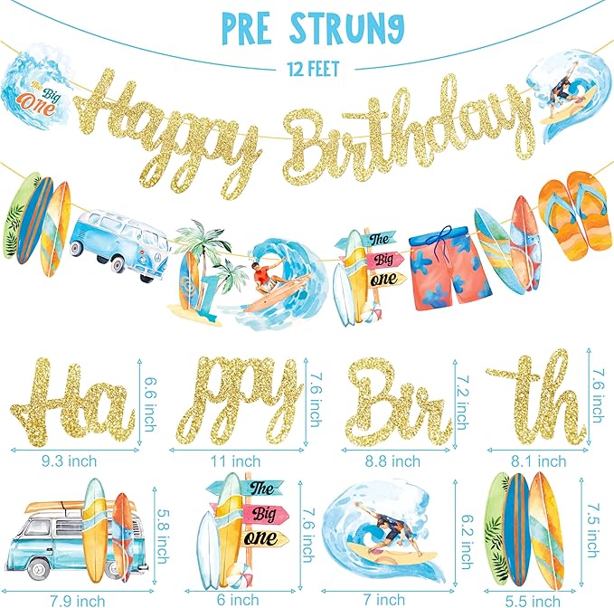 Surfing Happy Birthday Banners Glitter Summer Surfing Birthday Party Decoration Vintage Surfing Surfboard Banners for Summer Hawaii Beach Decorations The Big One Surf Party Supplies