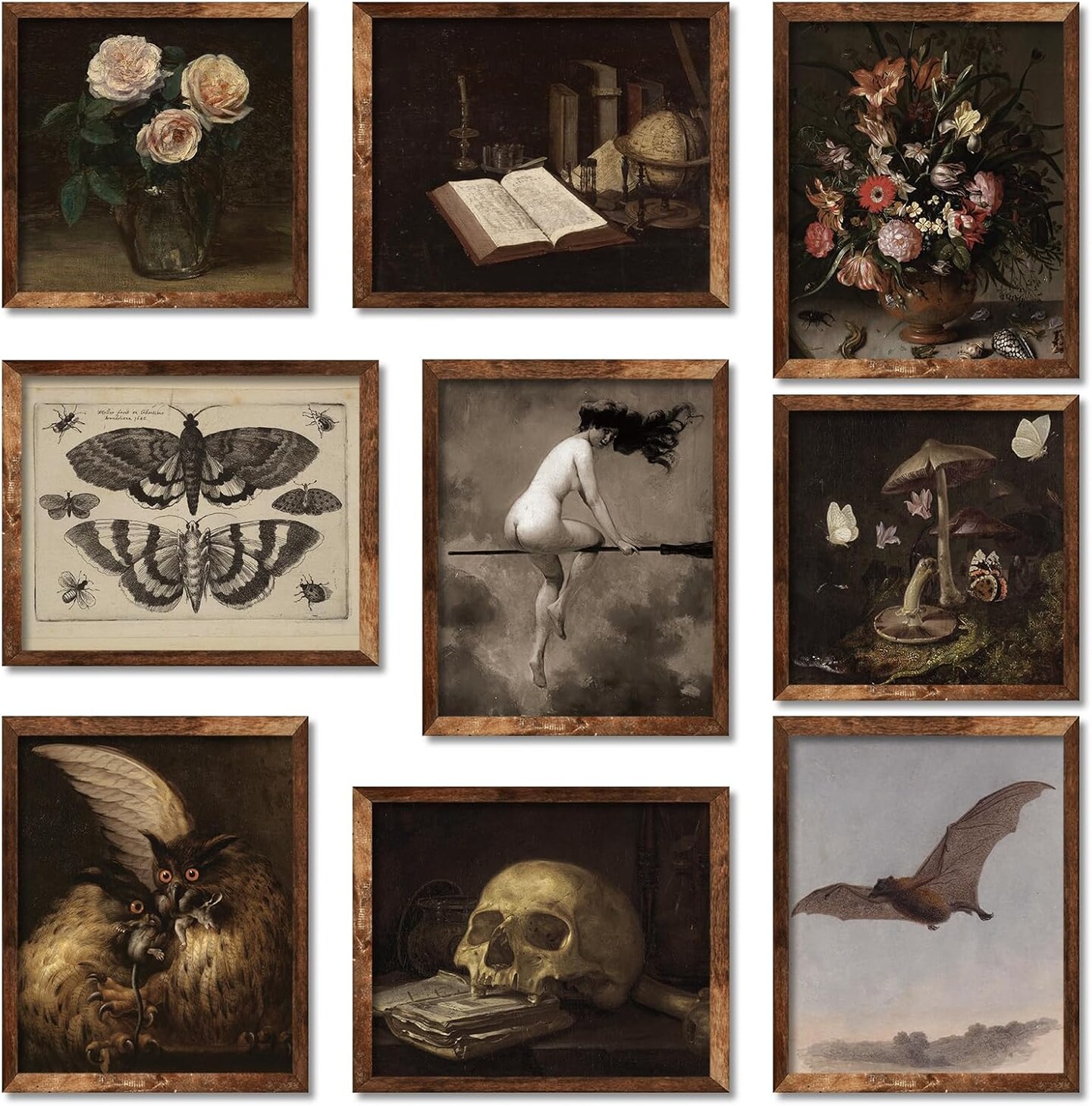 9Pcs Dark Academia Halloween Wall Art Prints – Vintage Witch, Skull & Floral Gothic Posters for Bedroom, Living Room & Gallery Wall, 8x10 & 8x8 Inches (Unframed)