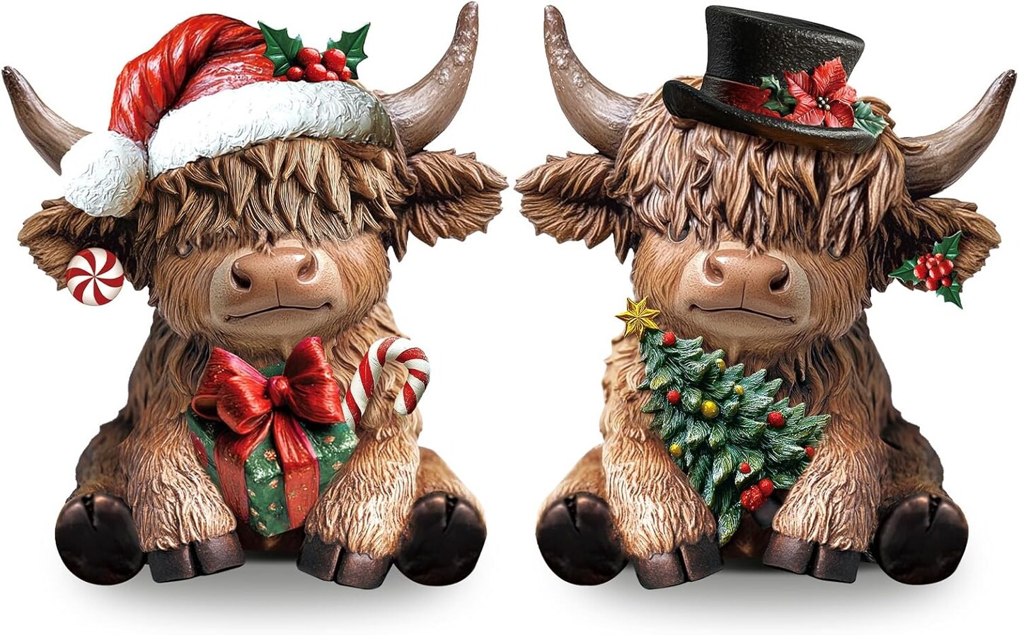 2 Pcs Christmas Highland Cow Decor – Resin Scottish Cow Figurines with Xmas Tree, Rustic Farmhouse Table, Tiered Tray & Home Decorations