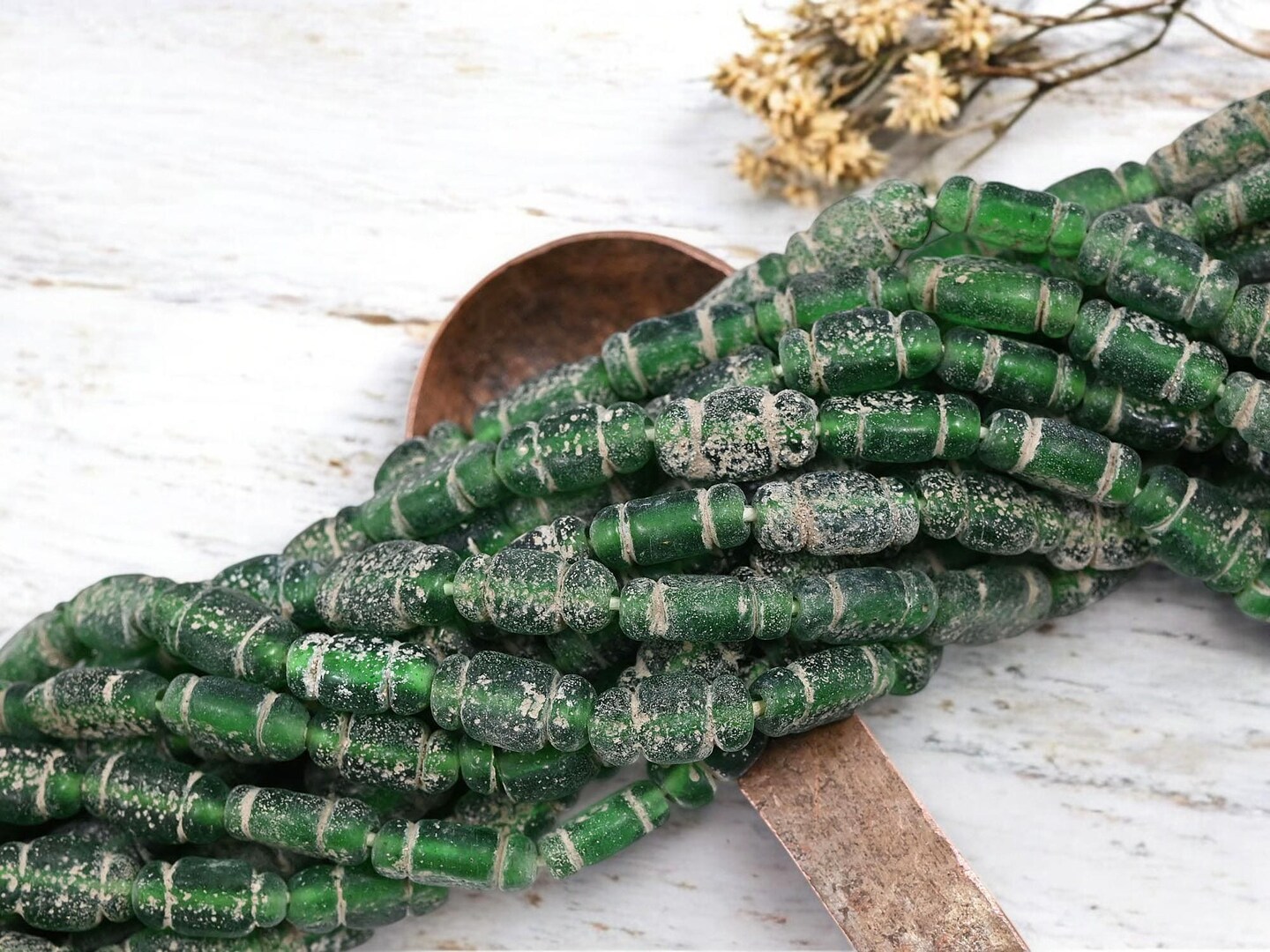 14x8mm Rustic Aged Emerald Green Indonesian Java Glass "Bottle" Beads (18" Strand)