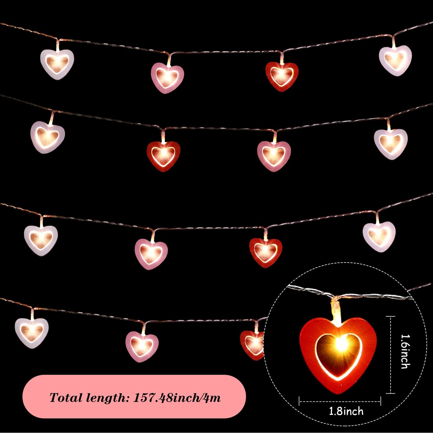 Valentine's Day Wooden Heart String Lights LED Fairy Hanging Love Lights Lamp Battery Operated Valentine's Day Decoration for Bedroom Festival Birthday Wedding(Red White Pink,20 Lights)