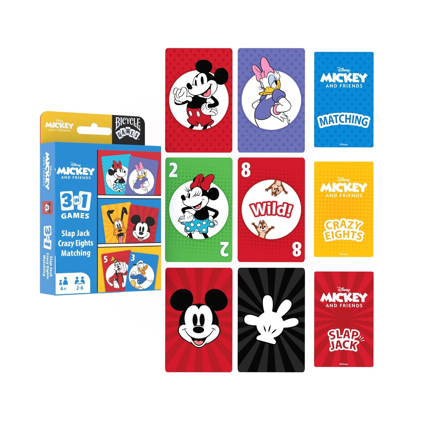 Bicycle Disney Mickey and Friends 3-in-1 Card Games, Matching, Crazy Eights & Slap Jack, Featuring Mickey Mouse, Donald Duck & Goofy, Kids Card Games Ages 4+, Family Games for 2-6 Players