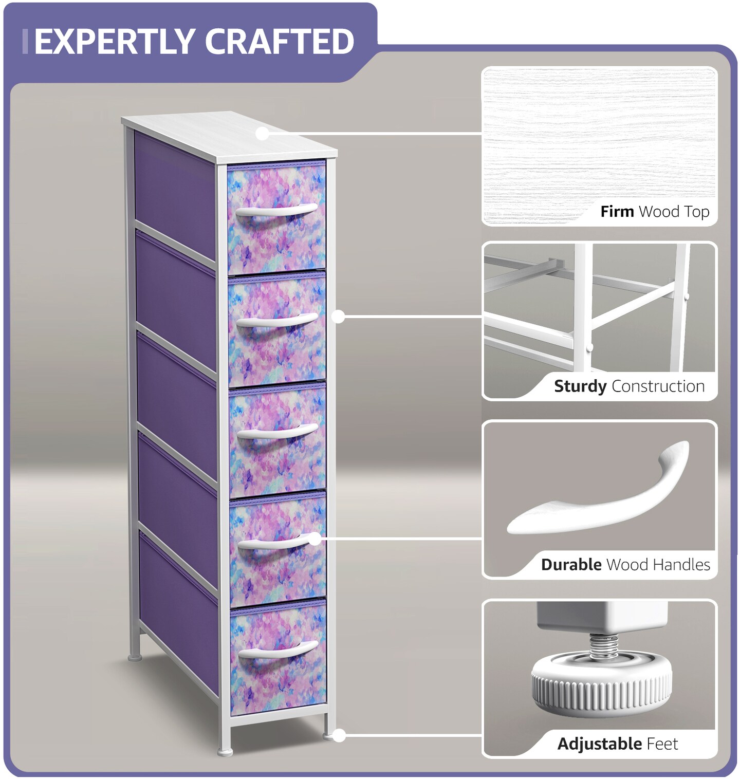 Sorbus Narrow Dresser with 5 Drawers - Steel Frame, Wood Top & Easy Pull Fabric Bins