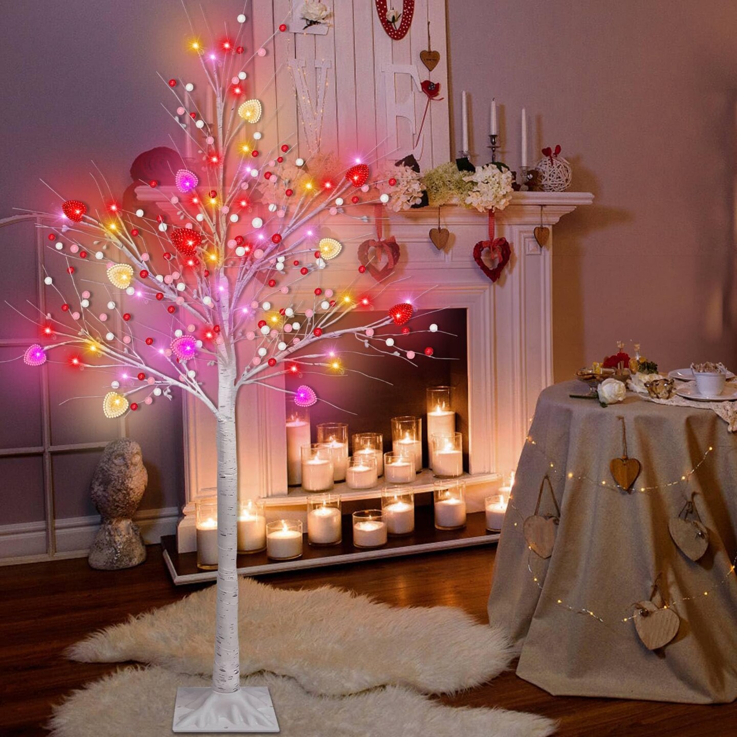 Valentines Day Decor, 4 FT Prelit Lighted Valentines Tree with 3D Hearts&Berries Ornaments 48 Led Red Pink Lights, Outdoor Waterproof Artificial Birches Tree for Valentines Day Decorations Indoor Home