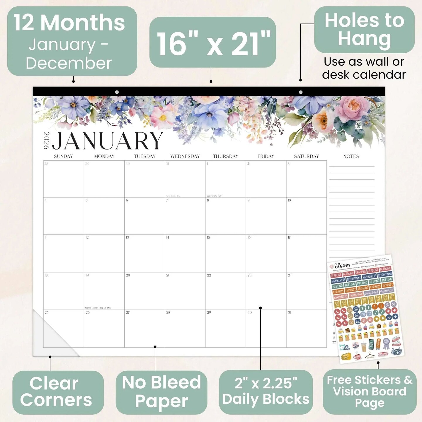bloom daily planners 2026 Desk & Wall Calendar, 16" x 21", Seasonal Florals
