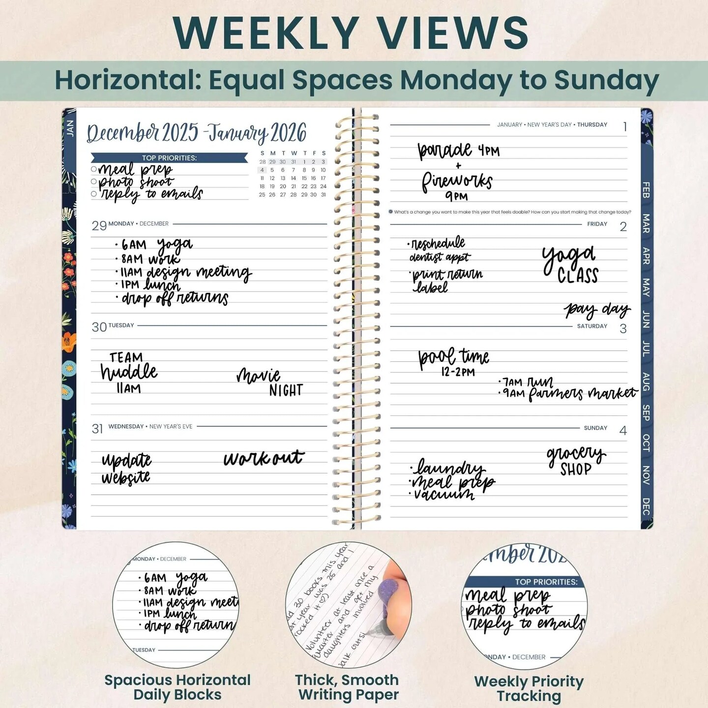 bloom daily planners 2026 Soft Cover Weekly & Monthly Planner, 5.5" x 8.25", Garden Party, Navy