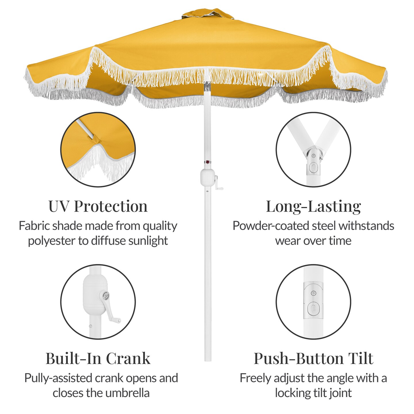 Best Choice 9ft Fringe Market Umbrella – Boho Patio Sunshade w/ Tilt, UPF50+, Steel Pole for Table, Pool, Deck