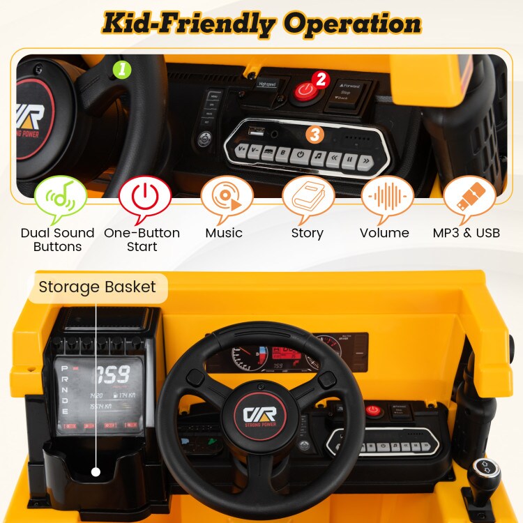 12V Kids Ride On Dump Truck with Remote Adjustable Bed, Music & LED Lights