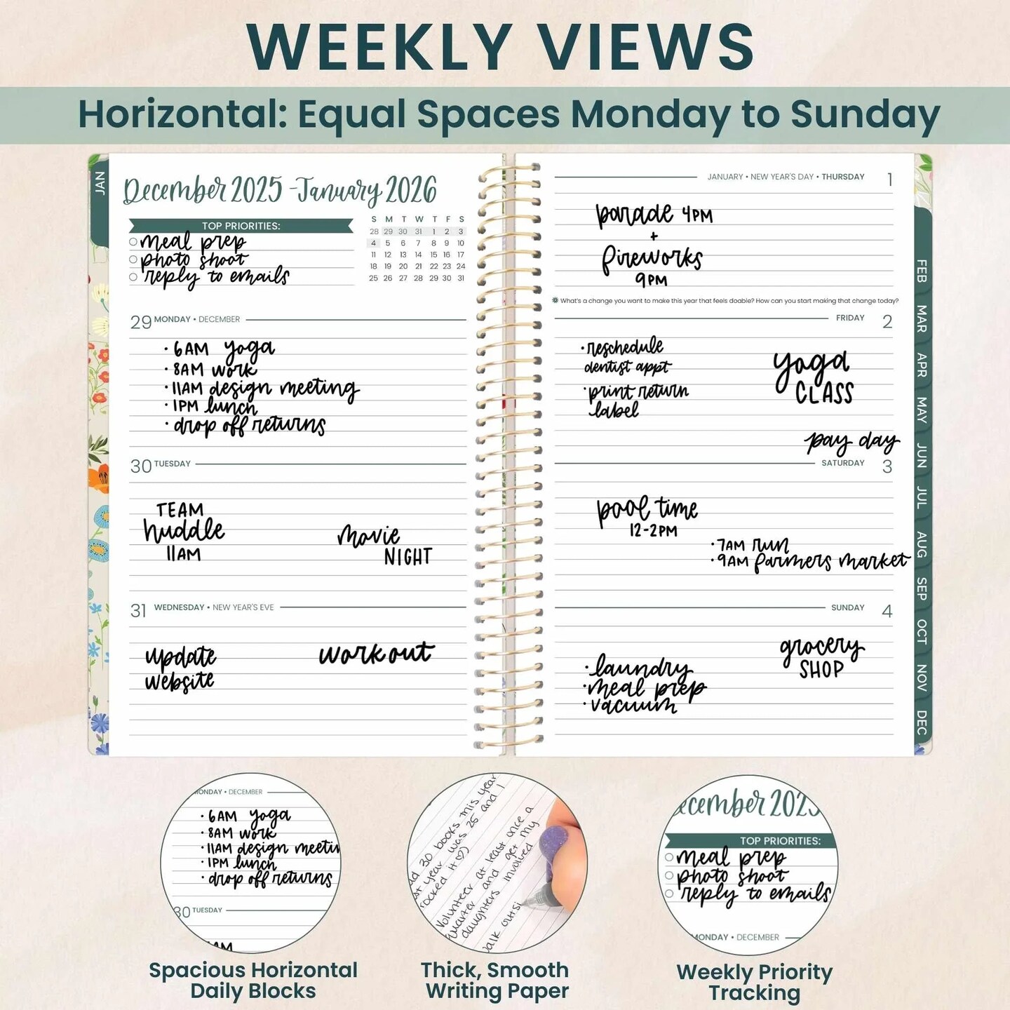 bloom daily planners 2026 Soft Cover Weekly & Monthly Planner, 5.5" x 8.25", Garden Party, Beige