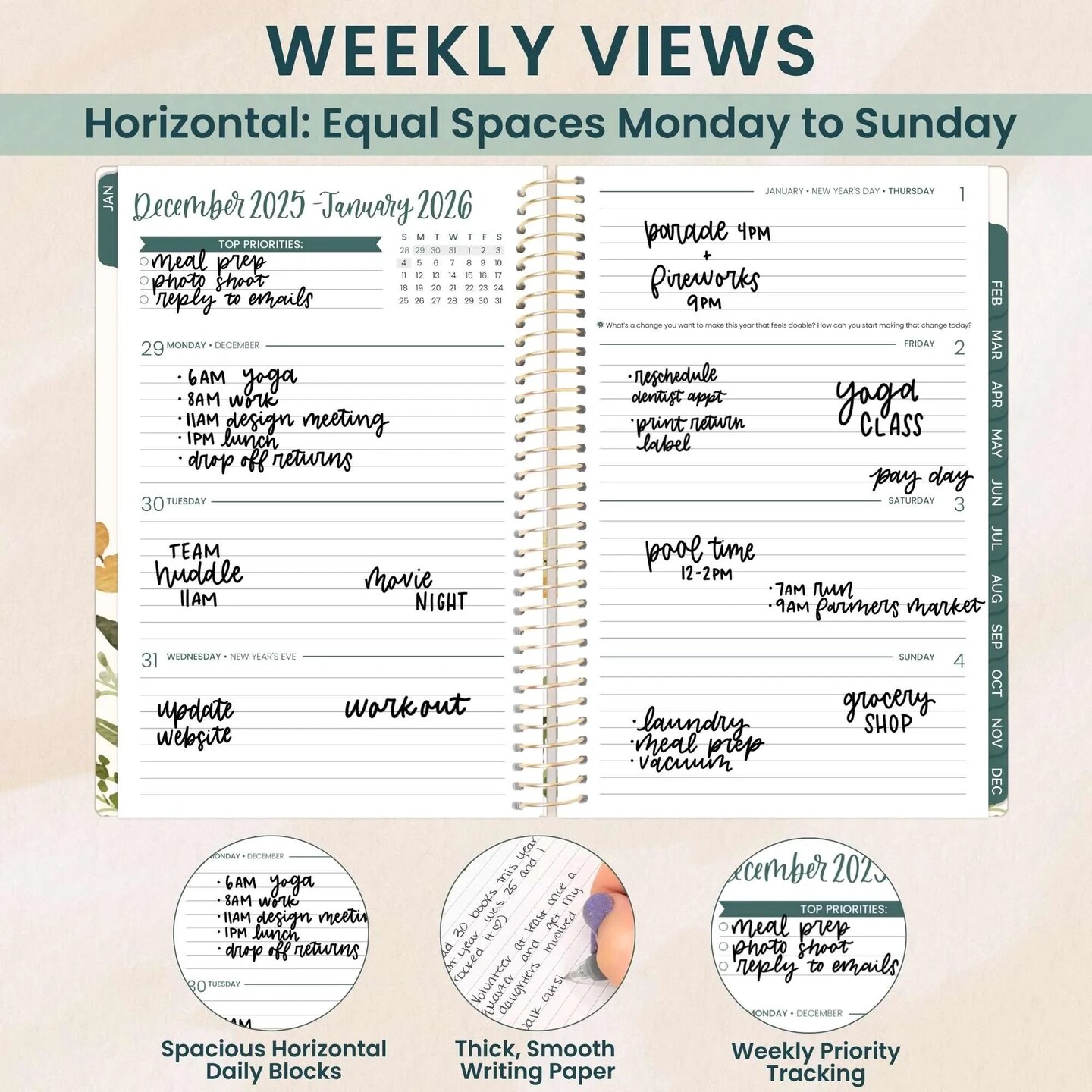 bloom daily planners 2026 Soft Cover Weekly & Monthly Planner, 5.5" x 8.25", Beige Bouquet