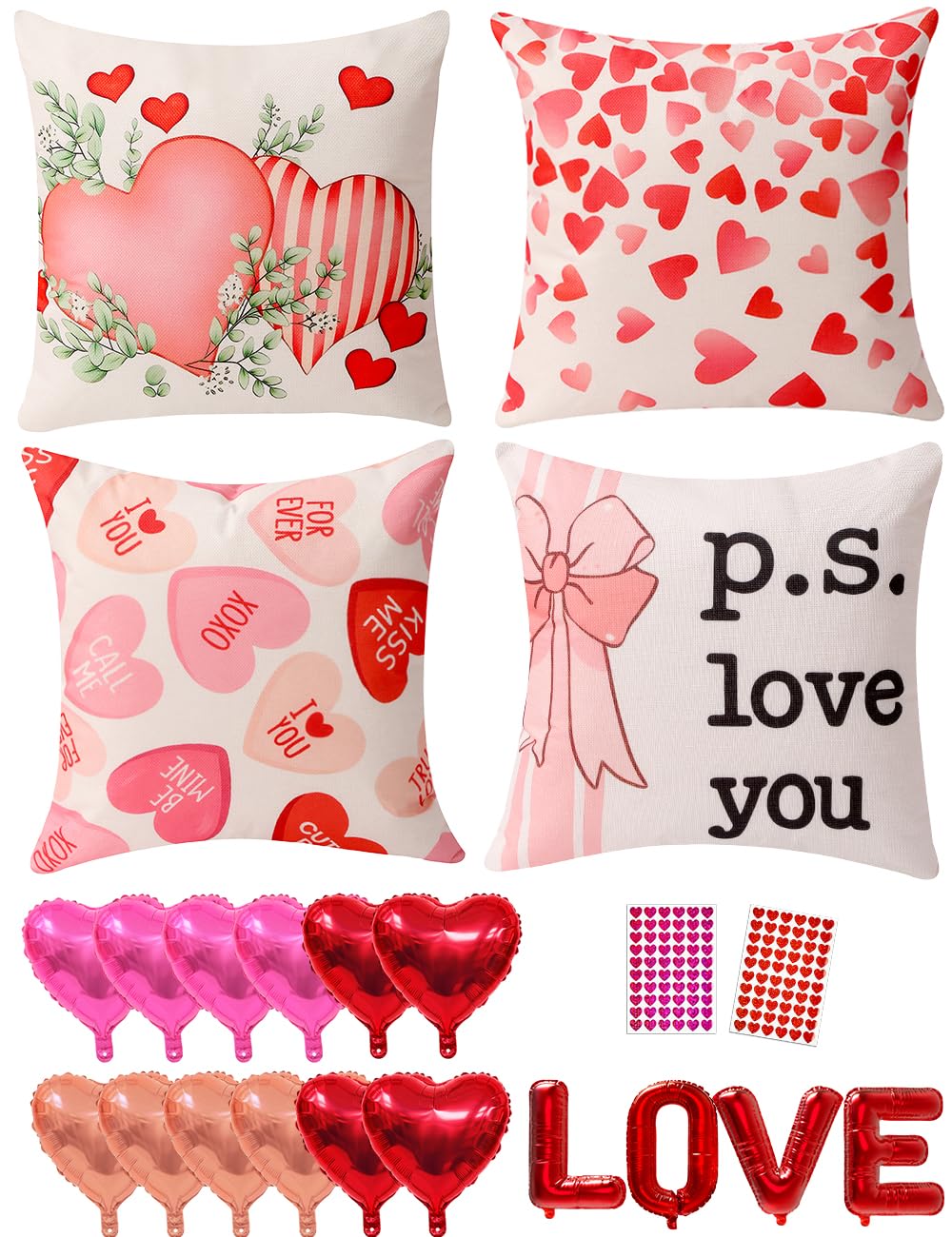 Valentine Decorations Set of 4 Double-Sided Valentine's Day Throw Pillow Covers 18" x 18", Reversible 8 Designs, with 16 pcs Heart & Love Balloons, Stickers, Complete Valentines Decor Kit