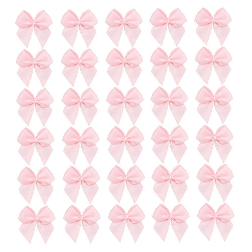 50pcs Boutique Mini Pink Satin Ribbon Bows Flowers Appliques DIY Craft for Sewing Scrapbooking Wedding and Gift