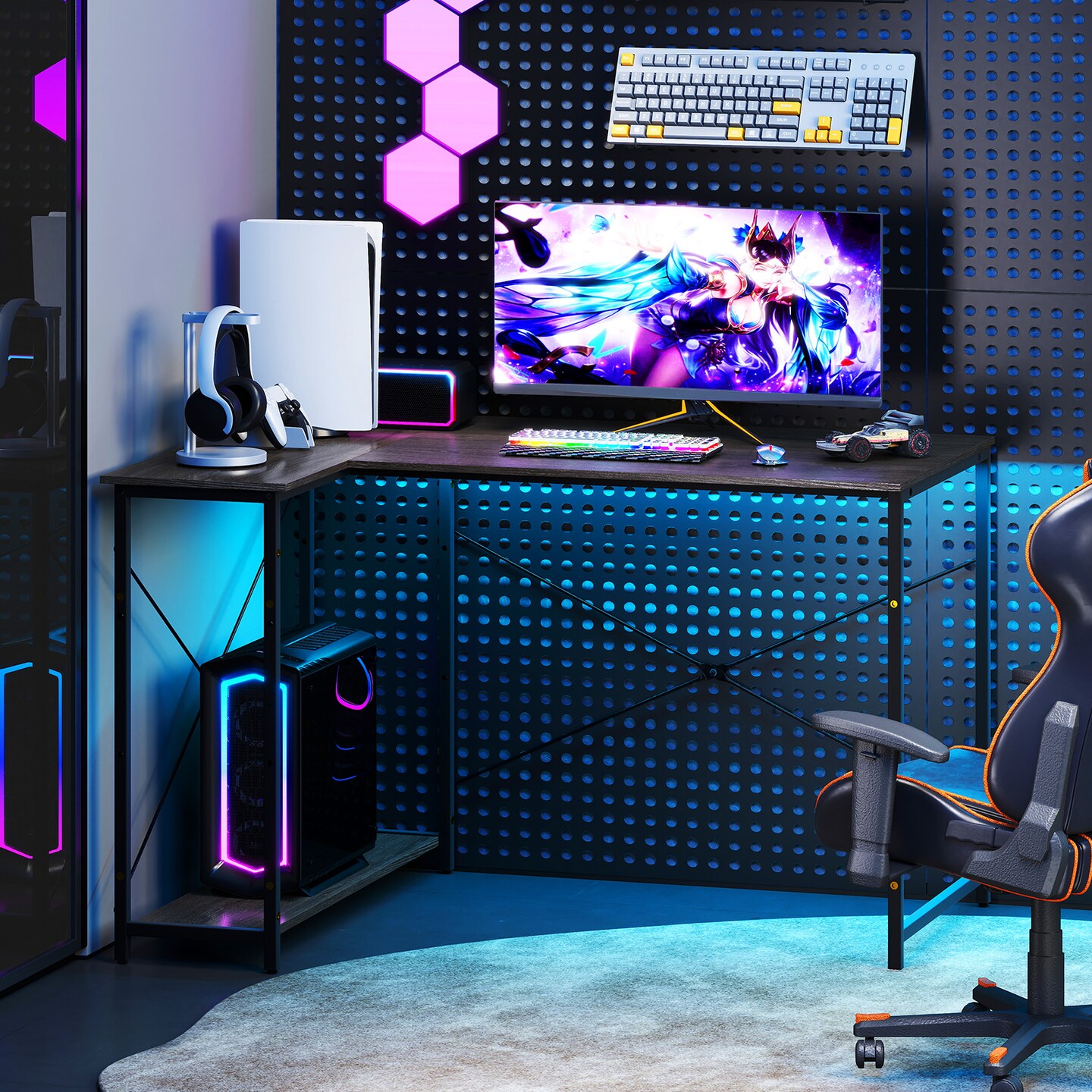 Grey Steel Wood L-Shaped Computer Desk with Reversible Storage Shelf