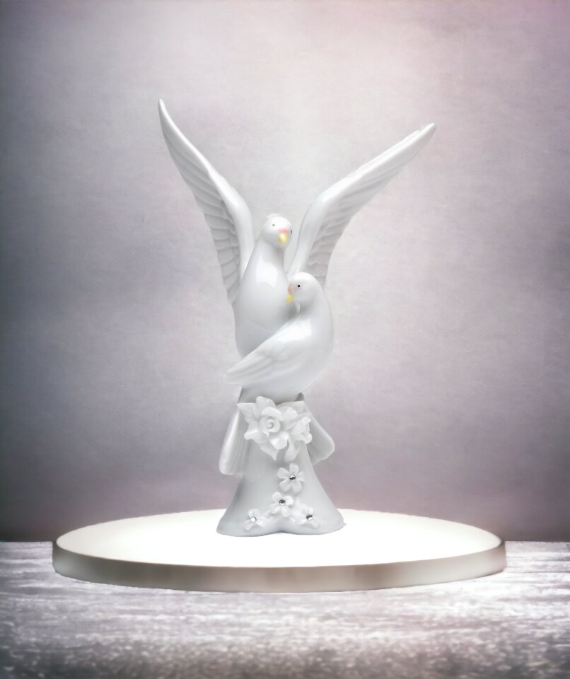Ceramic Peace Doves with White Rose Flower Figurine, Wedding Décor, Wedding Gift, Wedding Favor, Anniversary Décor, Anniversary Gift