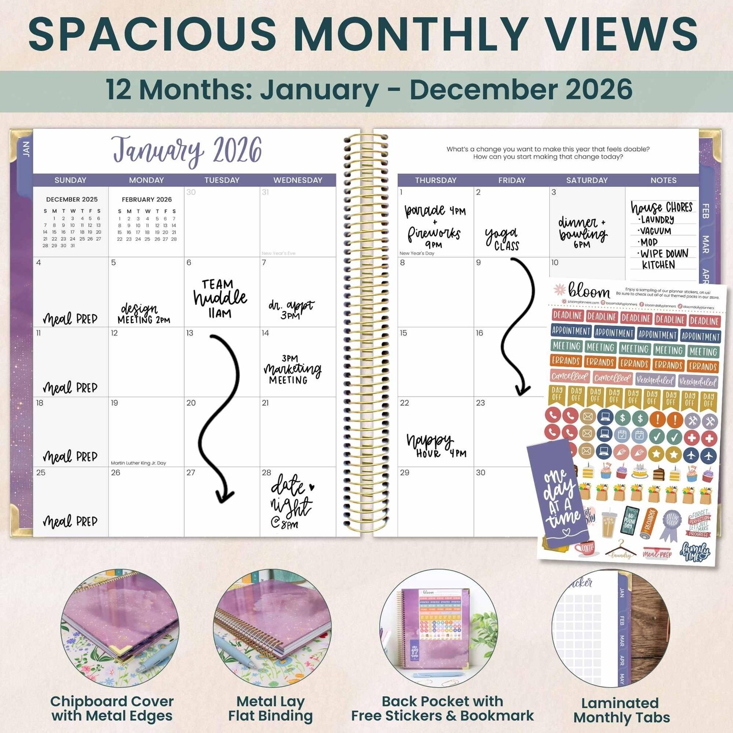 bloom daily planners 2026 Hard Cover Weekly & Monthly Vision Planner, 7.5" x 9", Good Things Are Coming