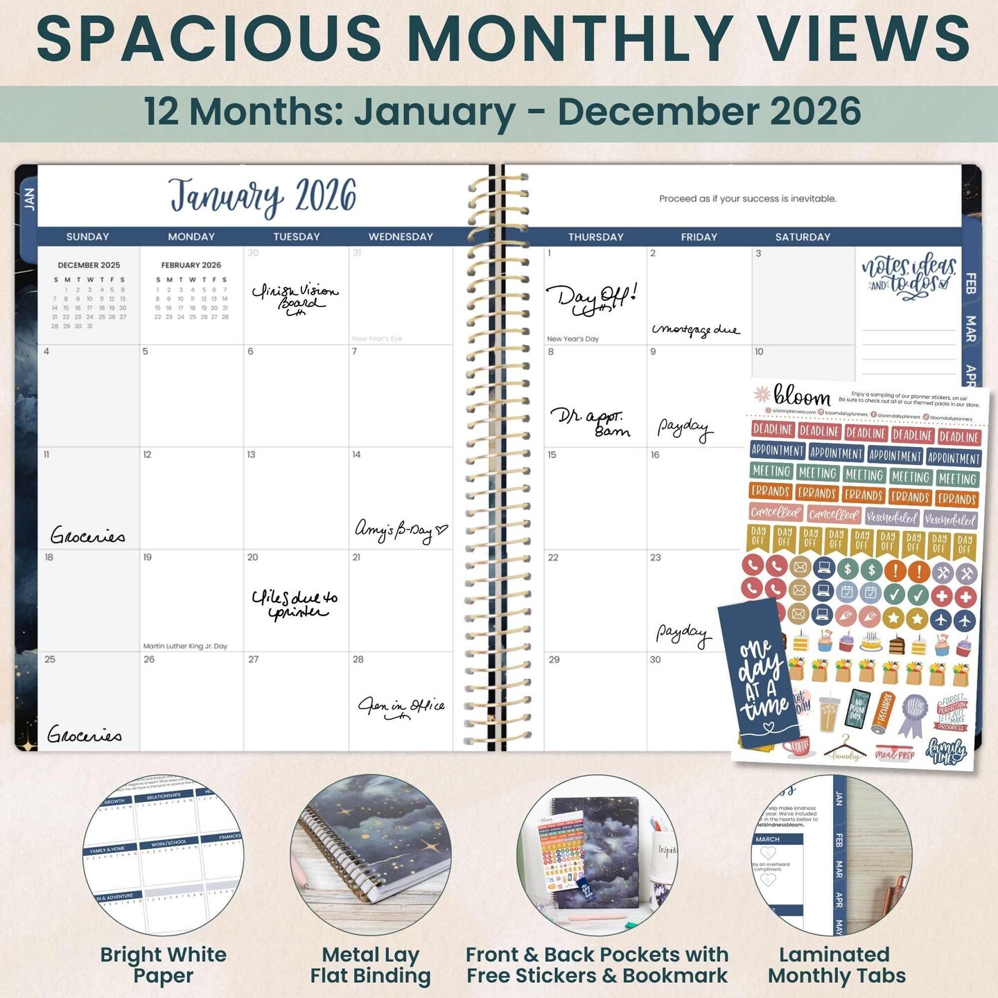bloom daily planners 2026 Soft Cover Weekly & Monthly Planner, 8.5" x 11", Midnight Sky