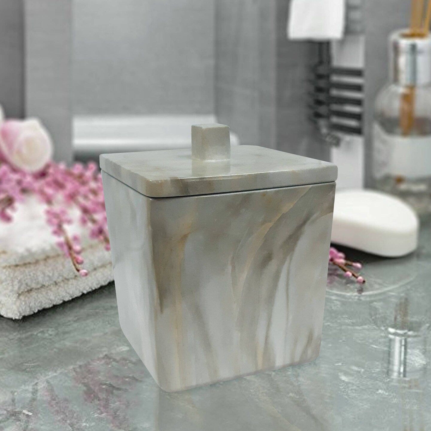 Resin Vanity Jar | Decorative Canister for Bathroom & Bedroom | Marble Finish