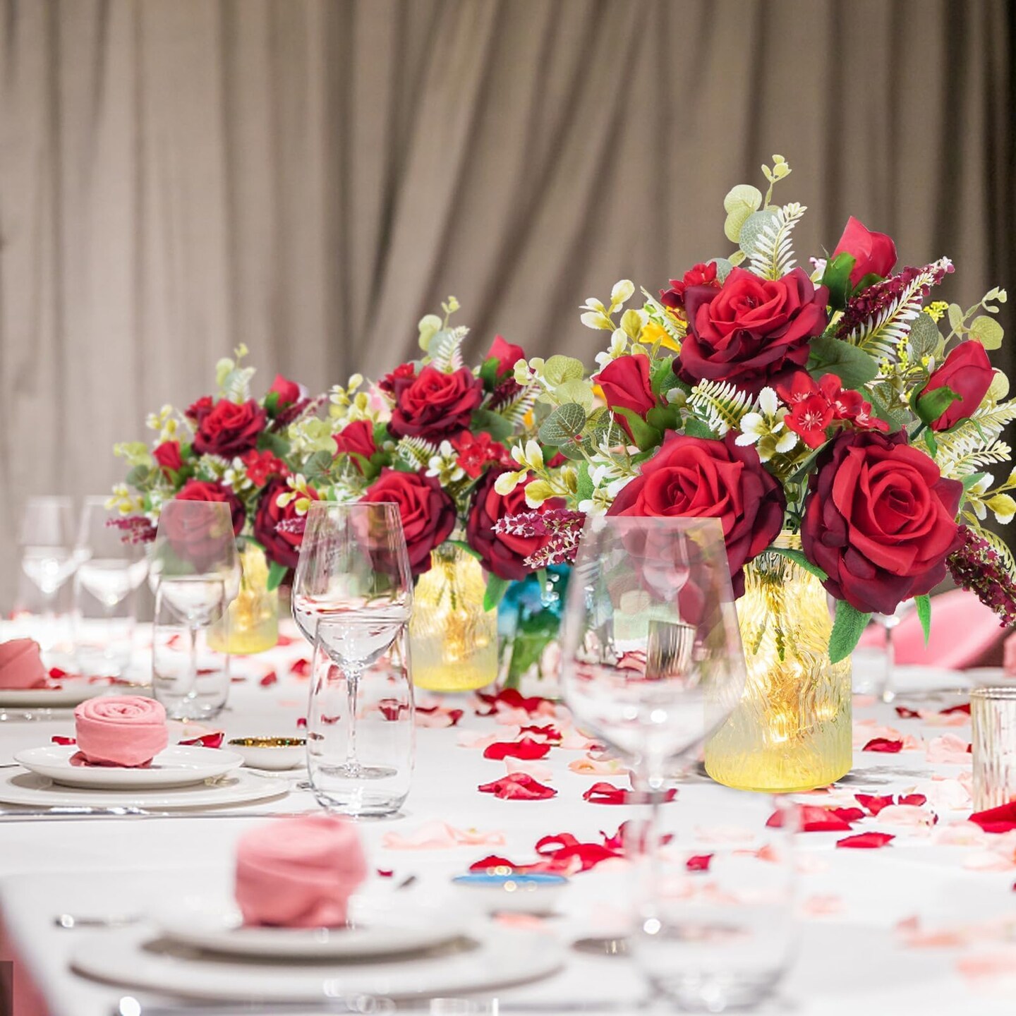 Valentine Centerpieces for Tables Valentines Day Flowers in Vase Red Artificial Roses with Light Valentine's Day Decorations for Wedding Party Kitchen Dining Room Home Decor