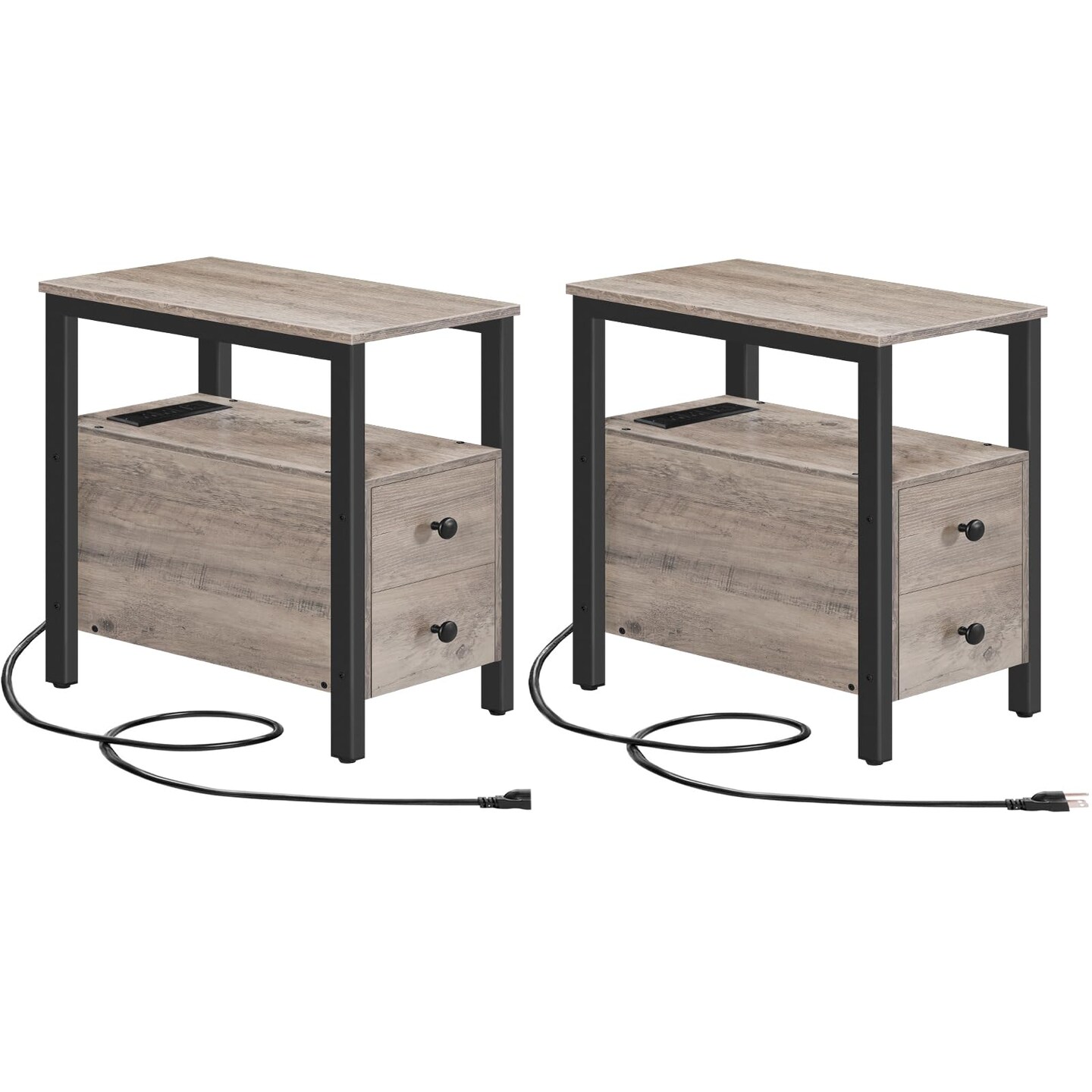 Narrow End Table with Outlets, USB C Port and 2 Drawers for Bedroom or Sofa