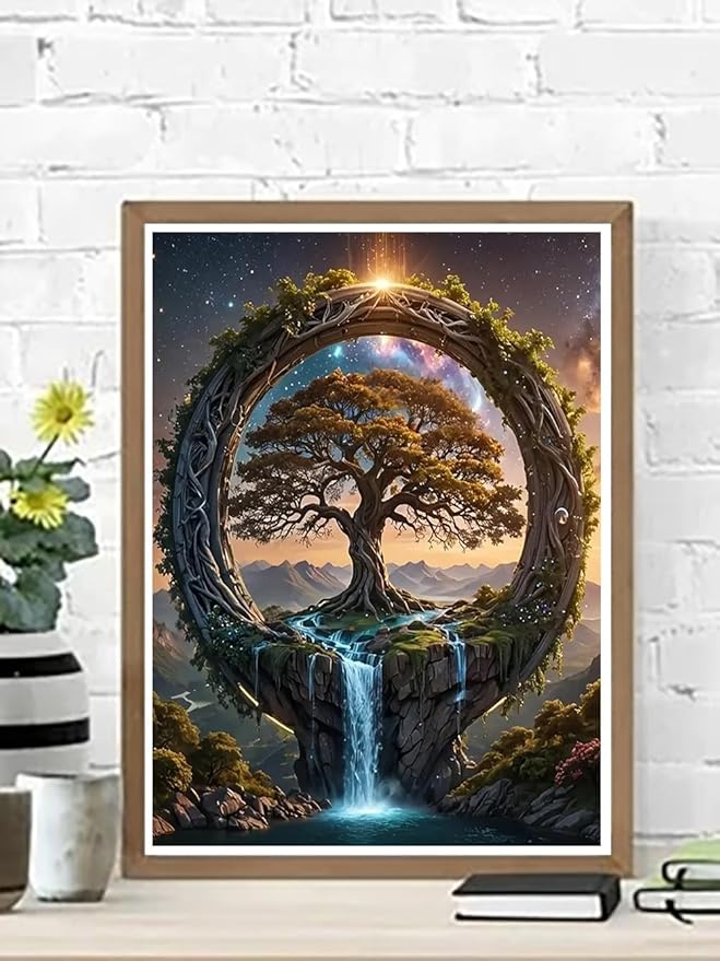 Tree of Life Diamond Art Kits for Adults - 5D Round Drill Diamond Painting Kits, DIY Font of Life Diamond Painting Gem Art, Crystal Waterfall Diamond Art Painting for Home Decor Walls Gifts 12X16Inch