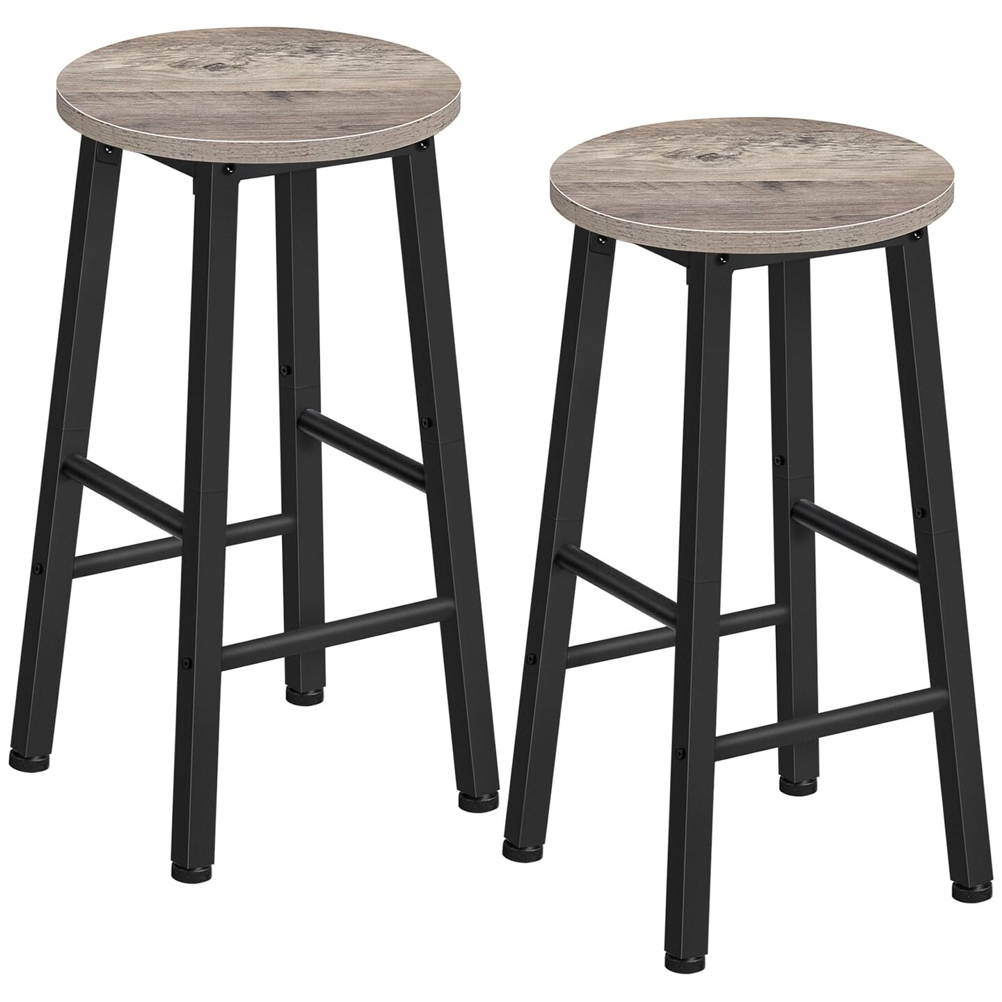 Set of 2 Counter Height Bar Stools, Round Seat, Metal Frame, Greige