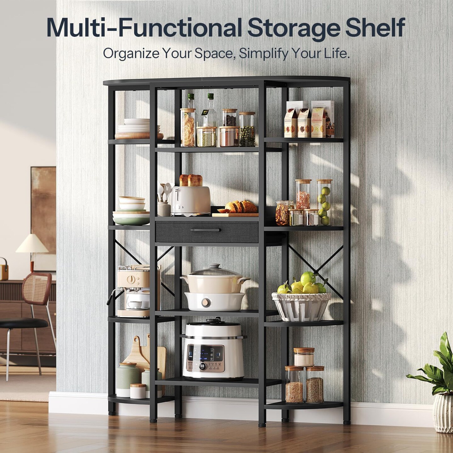 Black 5-Tier Storage Bookshelf with Fabric Drawer, Metal Frame Bookcase