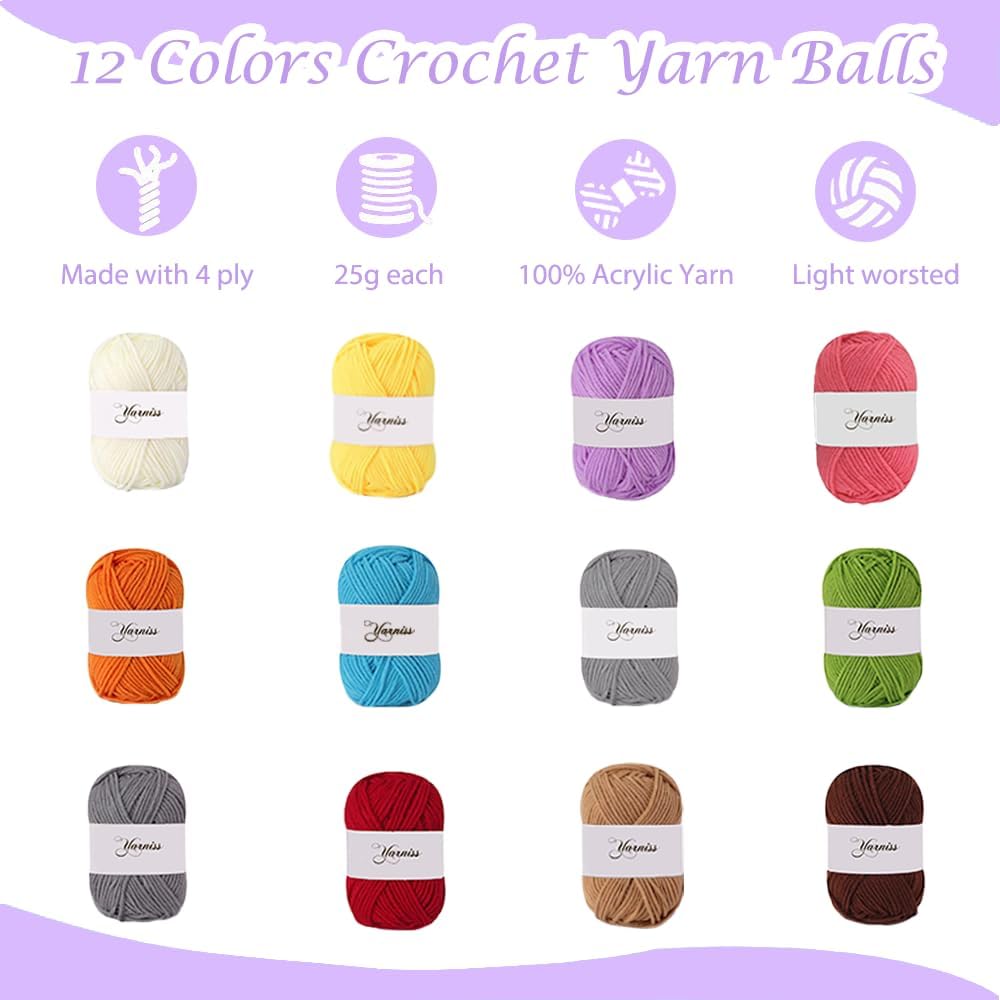 All-in-One Crochet Kit for Beginners – 840 Yards Yarn, 14 Ergonomic Crochet Hooks (2.0–10 mm), Complete Crochet Set with Accessories, Storage Bag & Instructions for Adults (Purple)