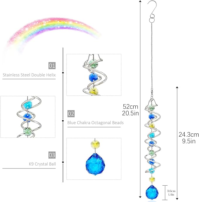 20.5inch Gazing Ball Spiral Tail,Decorative Wind Spinner Sun Catcher,Rainbow Maker Double-Spiral W/Sea Blue Crystal Ball and Chain,Glass Crystals for Indoor Outdoor Decoration