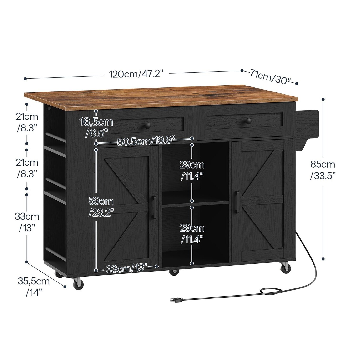 Rolling Kitchen Island with Drop Leaf Table, USB Outlet, Storage
