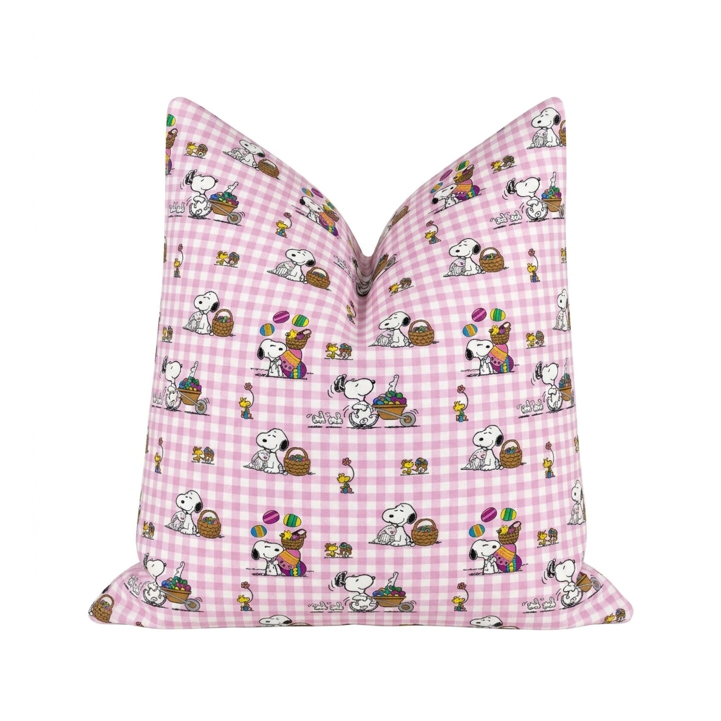 Snoopy Easter Pillow Cover - Pink Gingham Plaid Accent Pillow