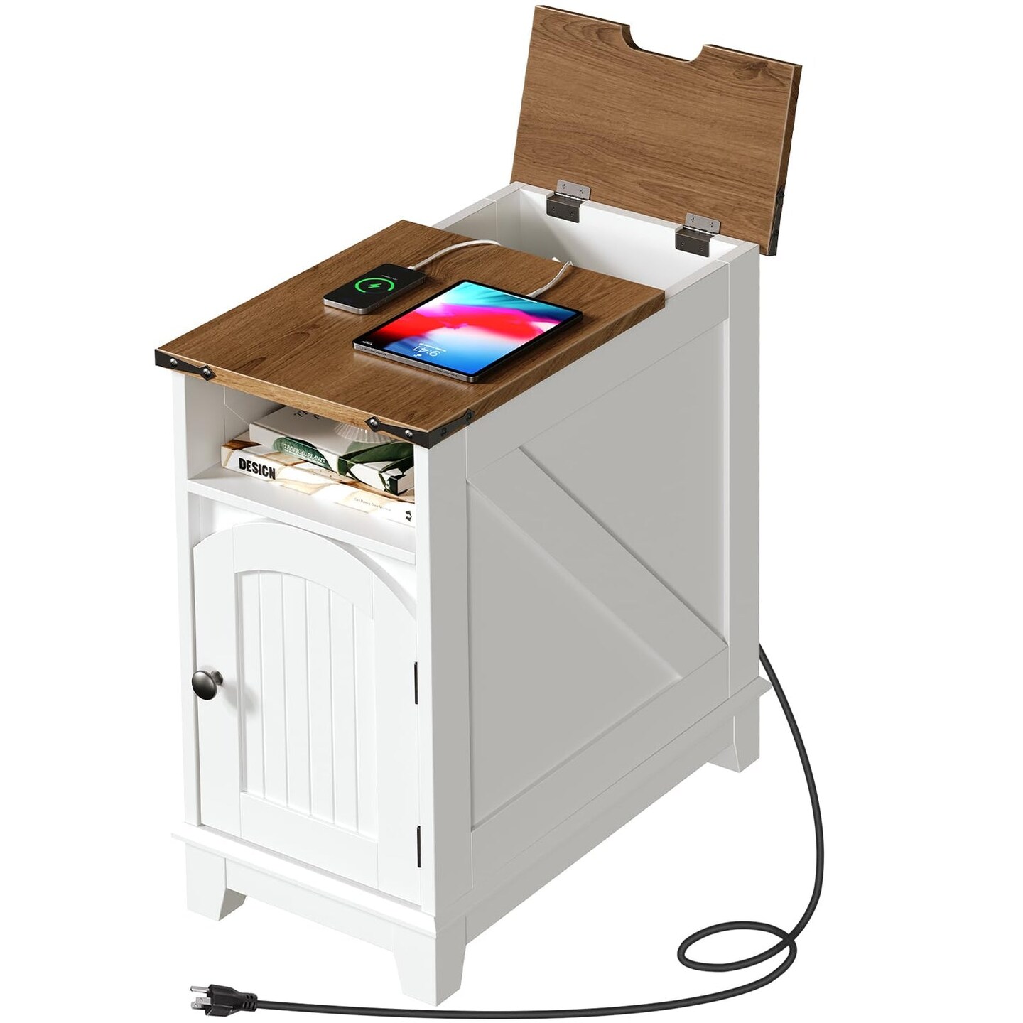 Nightstand with Charging Station Cabinet Storage Side Table White