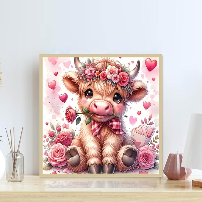 Valentine's Day Diamond Painting Kits for Adults, Highland Cow Diamond Art Kits for Adults Beginners, DIY 5D Cow Full Round Drill Diamond Dots Gem Arts Kits for Home Wall Decor 14 x 14 Inch