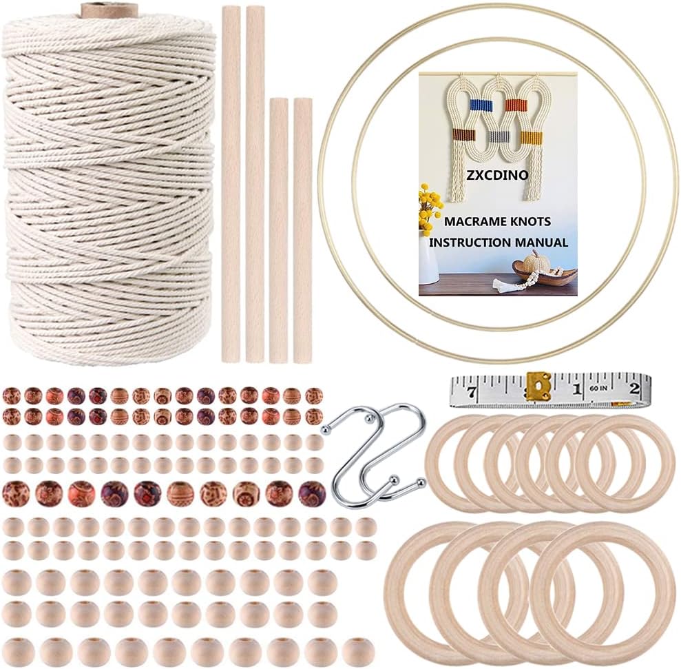 152pcs Macrame Kit for Beginners: Natural Cotton Macrame Cord, Wooden & Metal Rings, Beads, Sticks & Hoops - Perfect for Macrame Plant Hangers & Home Decor