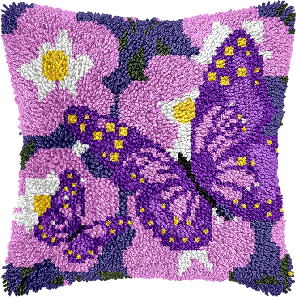 Butterfly & Floral Latch Hook Pillow Kit – DIY Crochet Cushion Kit for Adults & Beginners with Pre-Printed Canvas, Yarn, Hook & Velvet Pillow Insert, 17x17 in – Home & Sofa Decor