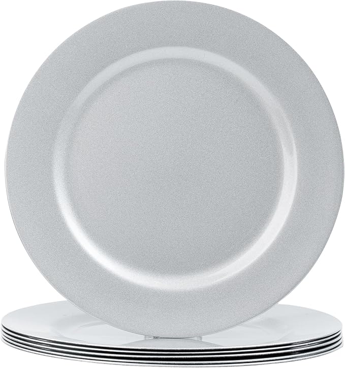 Silver Charger Plates Set of 6, 13-Inch Round Plate Chargers for Dinner Plate, Plastic Table Chargers for Wedding Decor, Party