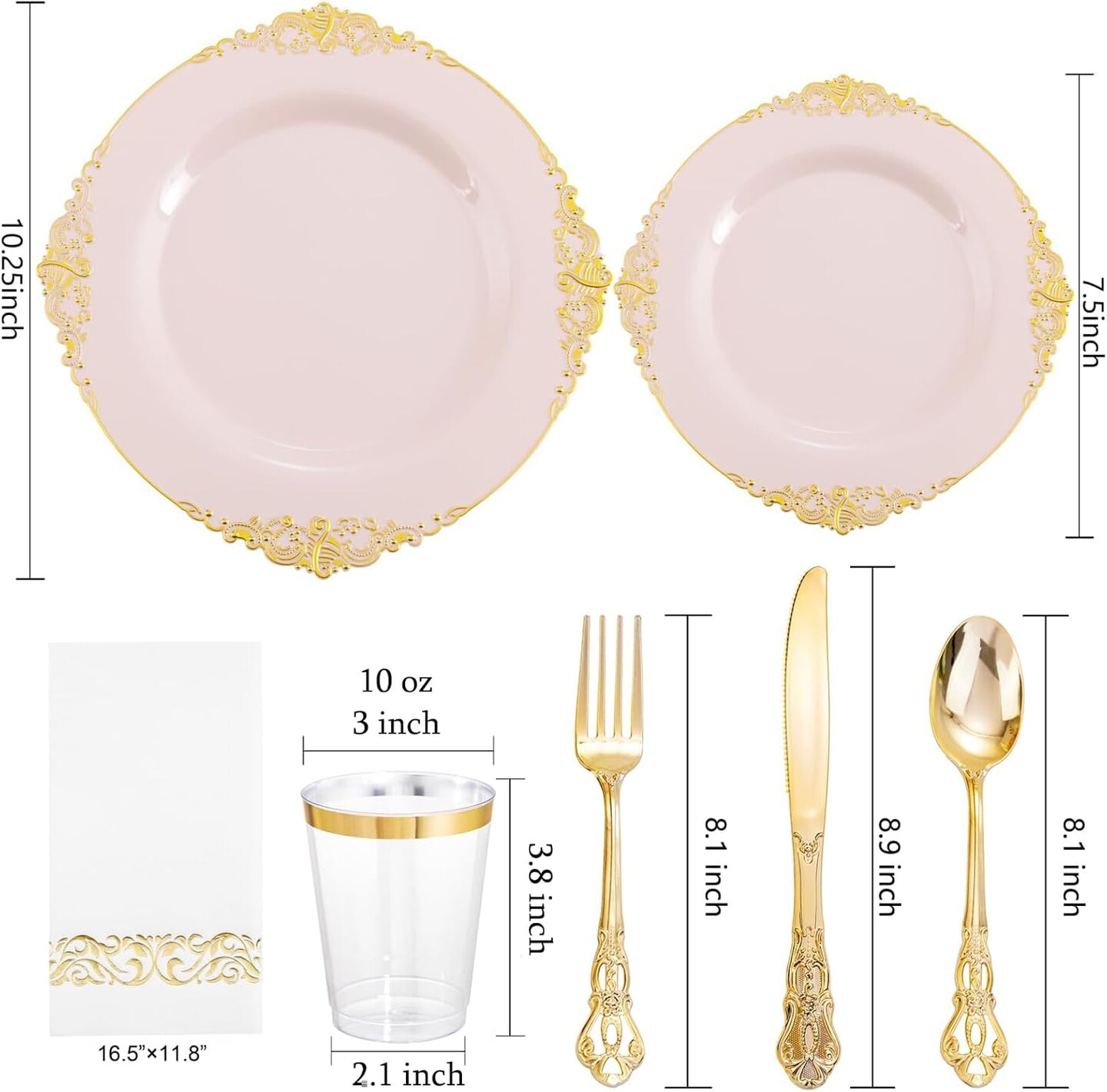 700PCS Pink and Gold Plastic Dinnerware Set – Disposable Plates, Silverware, Cups & Napkins for Wedding, Party & Events