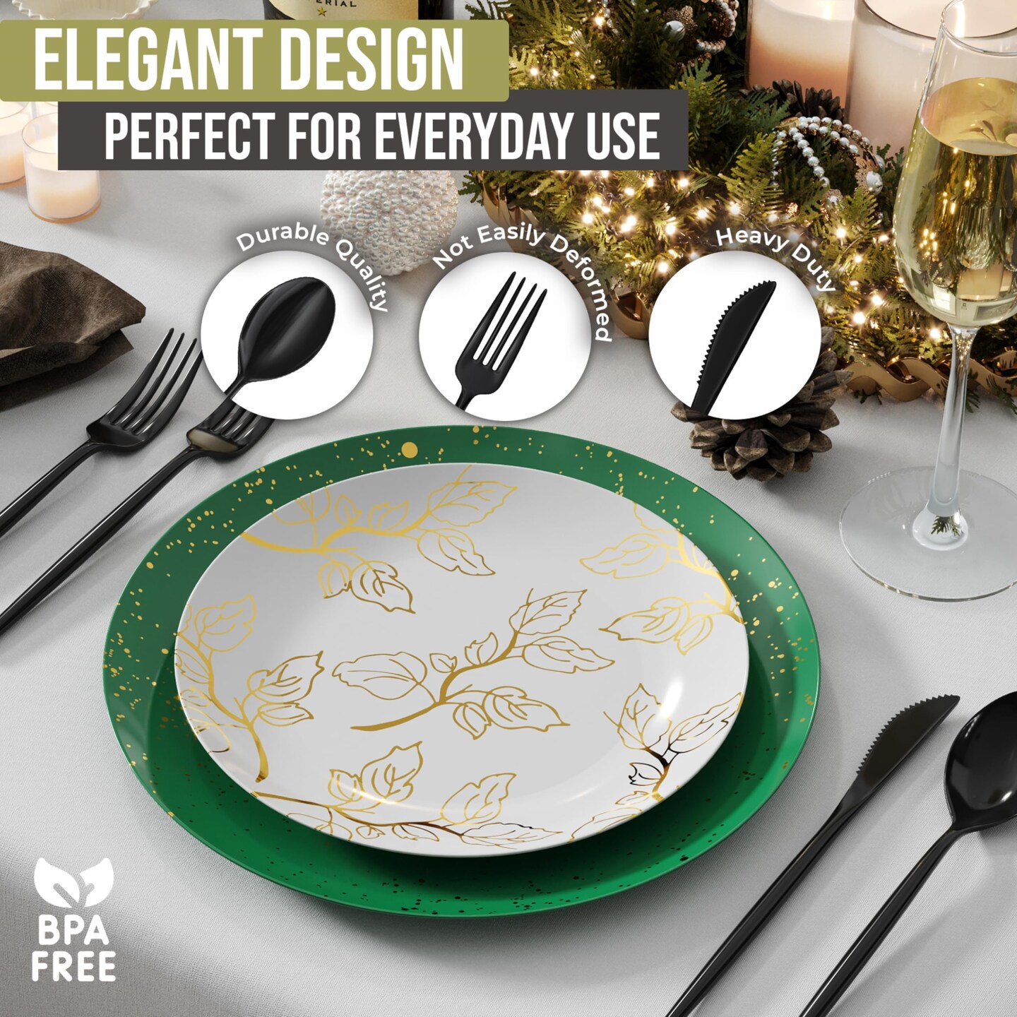 Trendables Disposable Silverware Set - Wedding Plastic Cutlery Dinnerware - Includes modern Forks, Plastic Spoons, disposable Knives - reflective Plastic Utensils Party Set