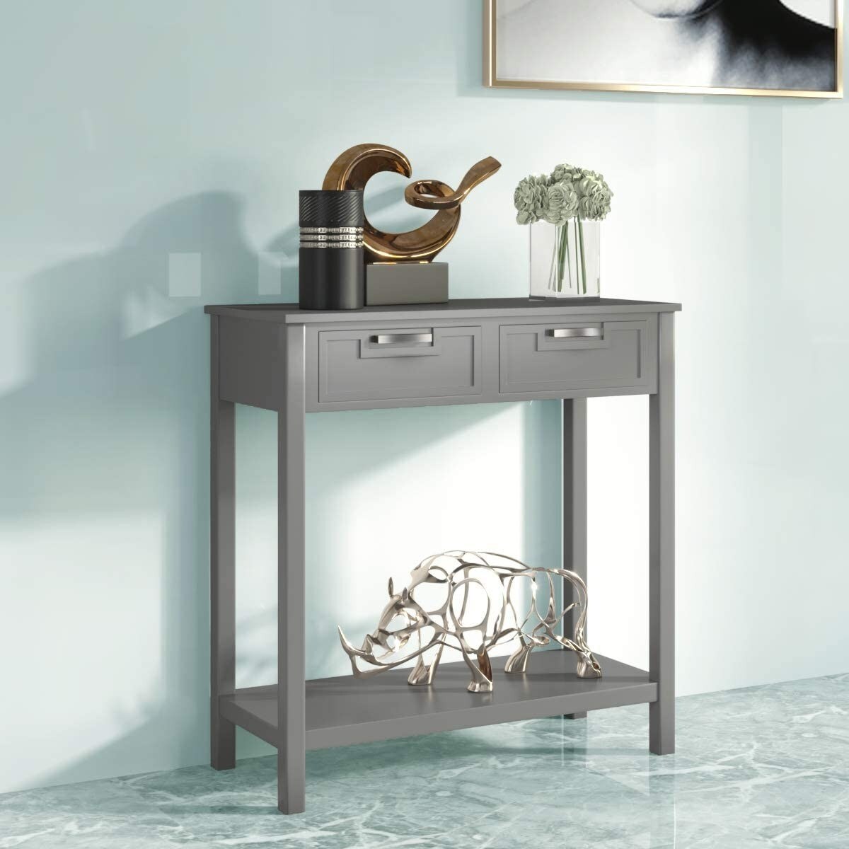 Modern Acacia Wood Entryway Table with Drawers Waterproof MDF Accent Cabinet
