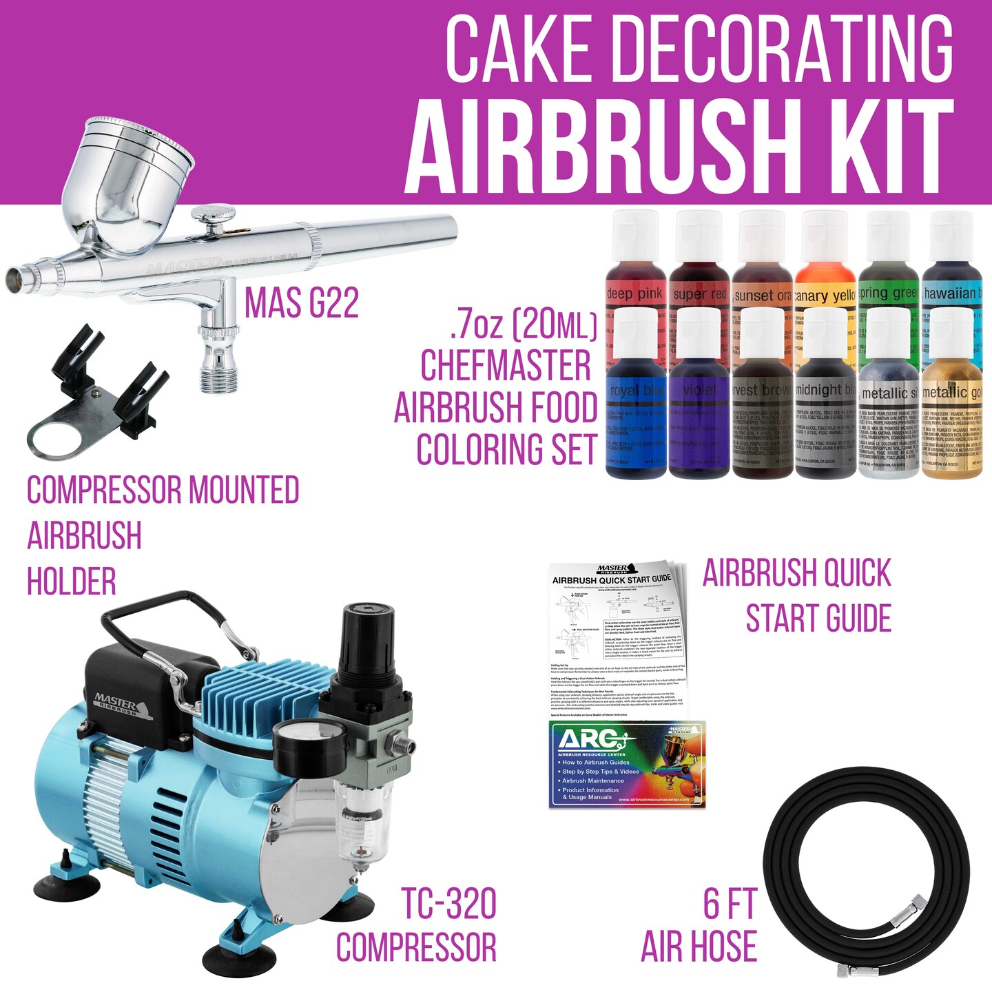 Cake Decorating Air Brush Kit with Air Compressor - Model G22 Gravity Feed Dual-Action Airbrush, 12 Color Chefmaster Food Coloring Set for Decorating Cakes, Cupcakes and Cookies