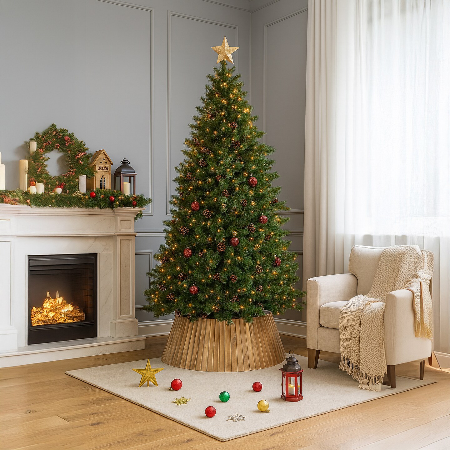 Gardenised Natural Wood Christmas Tree Collar Box with Slatted Panel Design Foldable Tapered Base Cover for Holiday Tree Stand Skirt Alternative for Indoor Seasonal Displays and Festive Home Decor