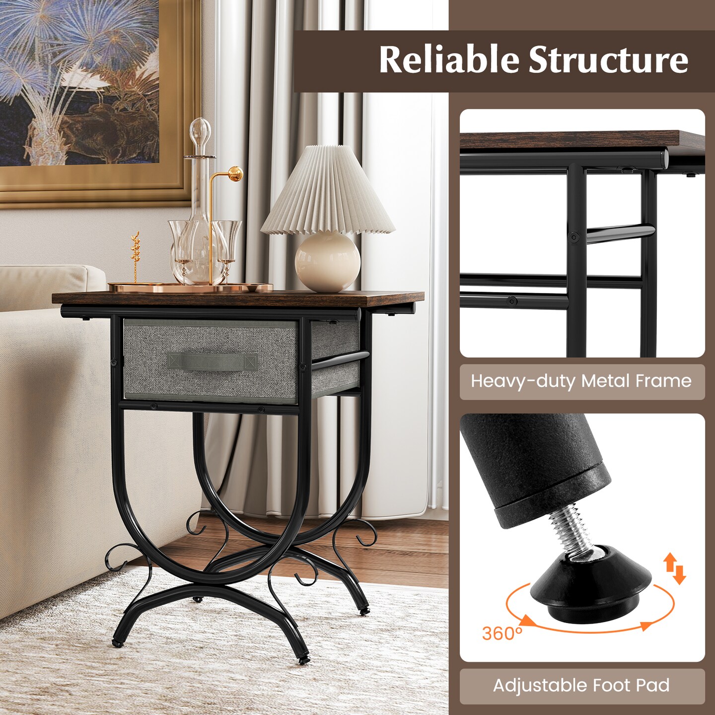Engineered Wood Metal Side Table with Fabric Drawer and Adjustable Feet