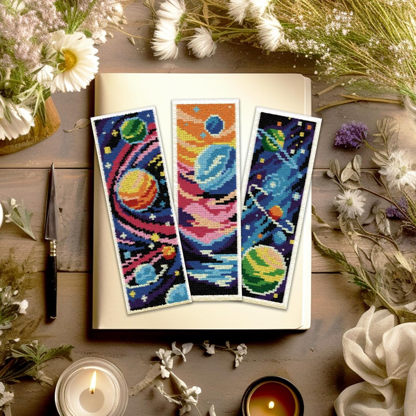 6PCS Cosmic Planet Cross Stitch Bookmark Kit – Beginner-Friendly DIY Stamped Embroidery for Adults, Handcrafted Bookmarks with Instructions