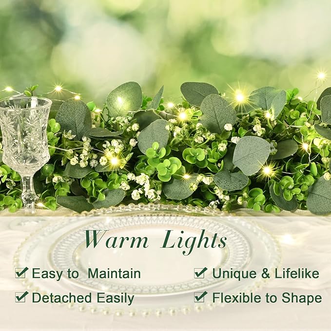 2Pcs Eucalyptus Garland with Lights, Greenery Garland, Green Garland with Flowers, 5.9FT Artificial Faux Eucalyptus Leaves Vines for Table Mantle Home Wedding Party Indoor Outdoor Decor