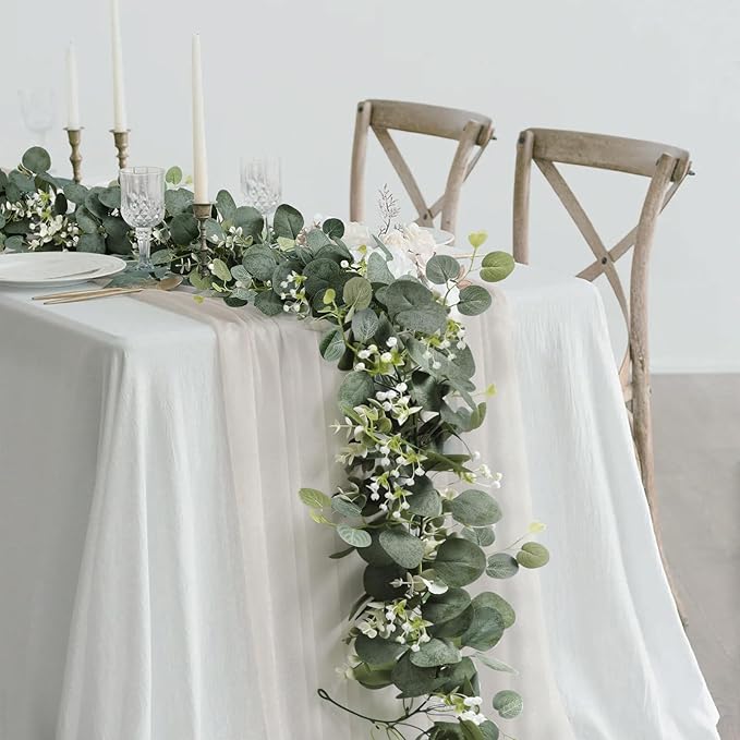 Artificial Eucalyptus Garland with White Flowers 2 Packs 5.9Ft Silver Dollar Leaves Eucalyptus Garland Faux Greenery Vines for Wedding Arch Table Runner Mantle Party Room Decor