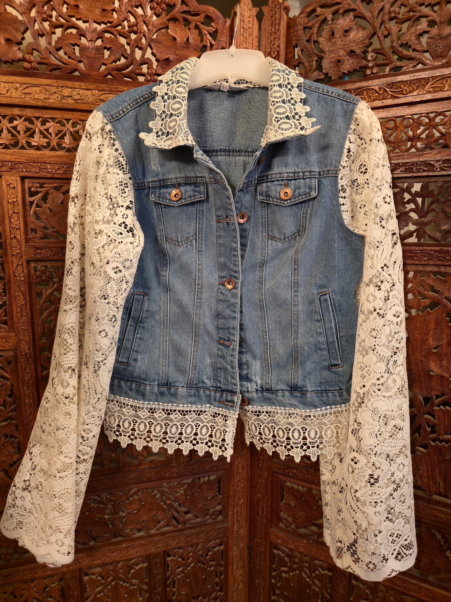 Upcycled denim jacket lace boho romantic | MakerPlace by Michaels