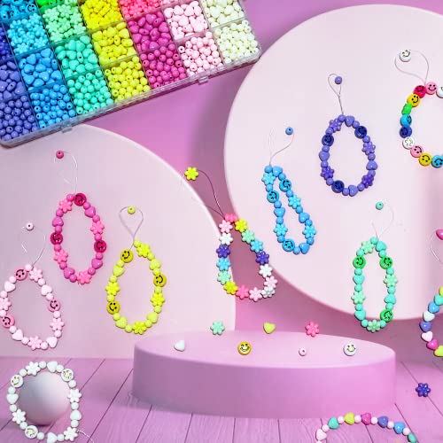 1260 Pieces Acrylic Pastel Beads, Candy Color Flower Beads Happy Face Beads Heart Beads Round Shaped Beads Colorful Assorted Cute Beads Kawaii Beads Bulk for Bracelets Jewelry Making Phone Charm Bead