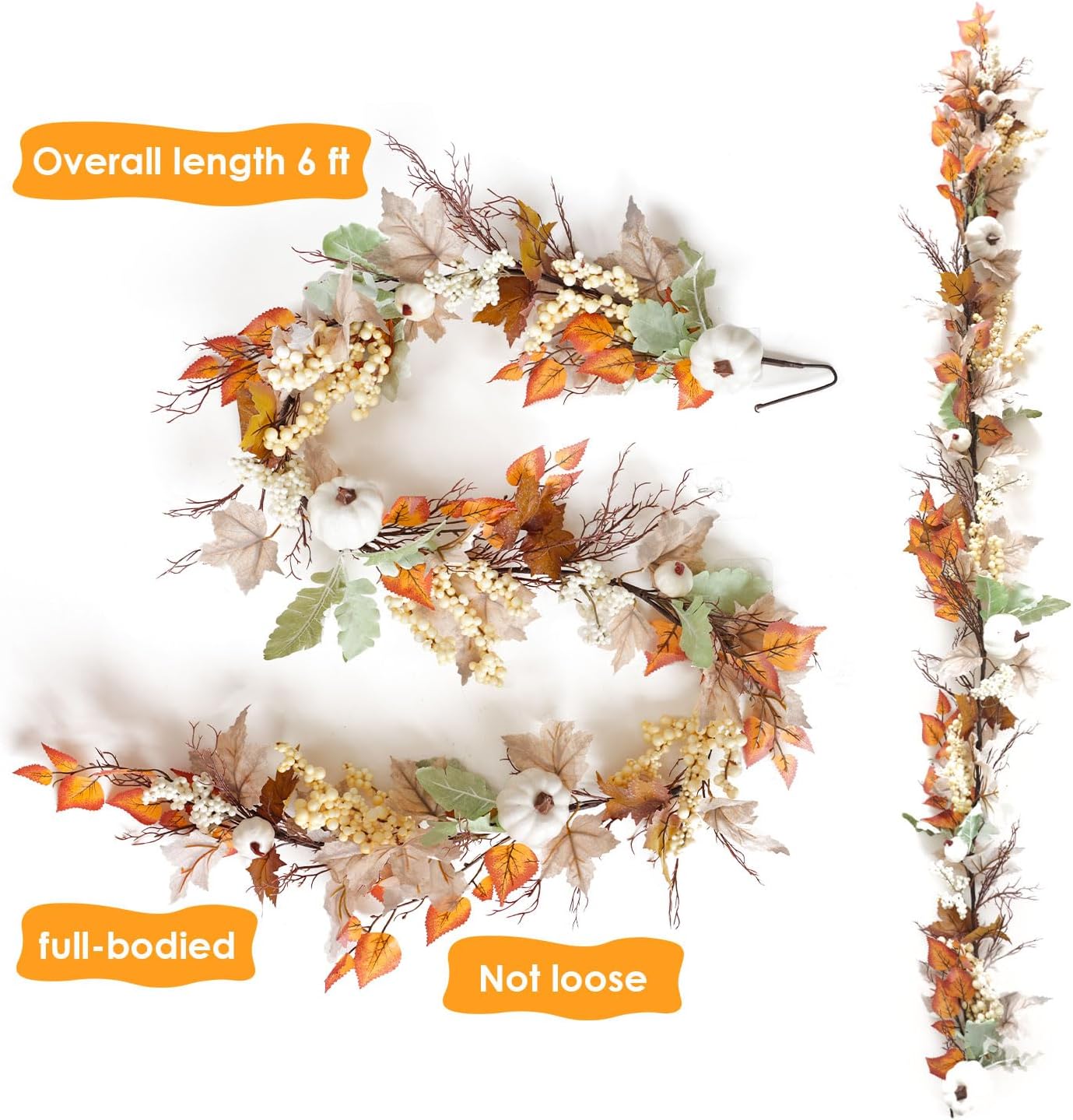 Fall Decor - 6Ft Autumn Maples Leaf Pumpkin Berry Garlands for Decoration - Autumn Thanksgiving Decorations - Fall Leaves Garland - Fall Garland for Mantel