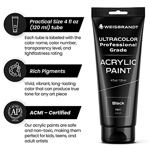 Artist Quality Acrylic Paint in Assorted Colors, 4 oz, Rich Pigment, Non Fading and Non Toxic, for Artists &#x26; Hobby Painters, Black